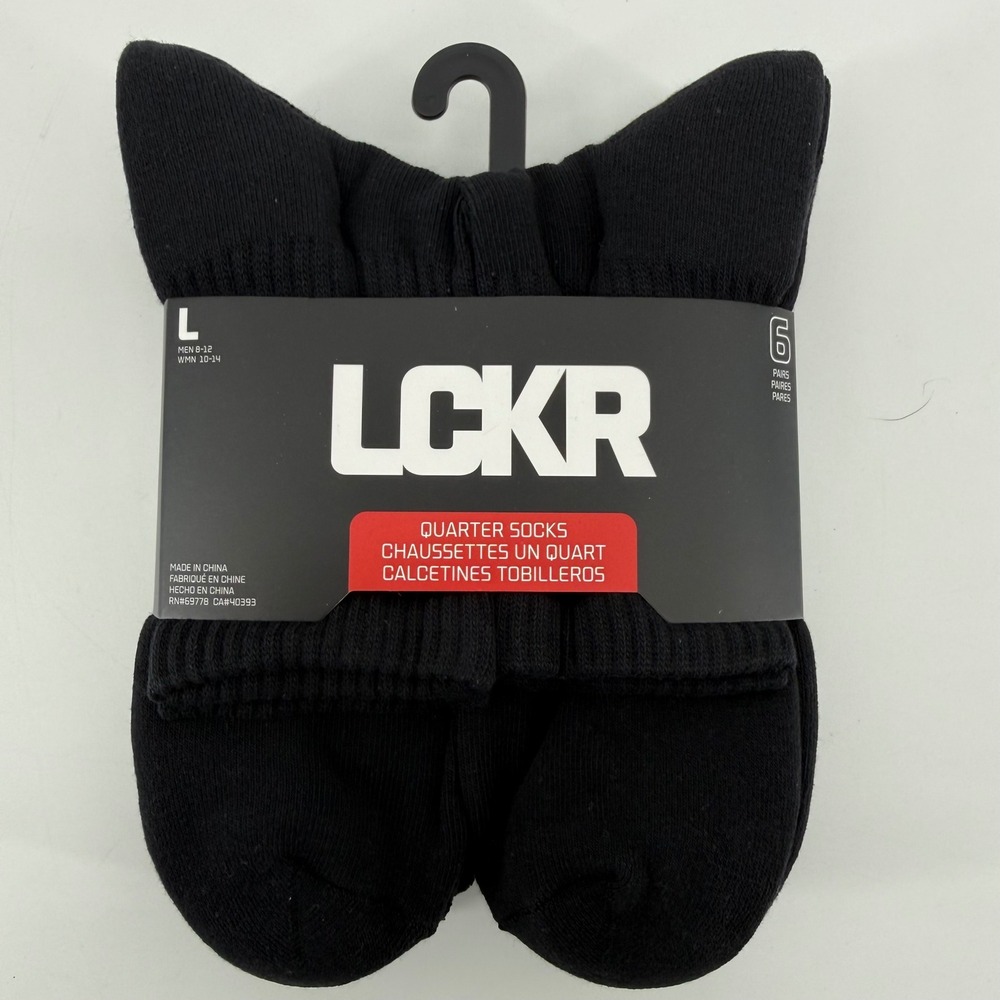 LCKR‎ Mens Quarter Socks 6 Pair Pack Black Half Cushion Arch Support L LMAS001